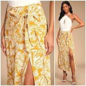 NWT Lulus Ocean Breezes Mustard Yellow Tropical Print Faux-Wrap Midi Skirt sz L